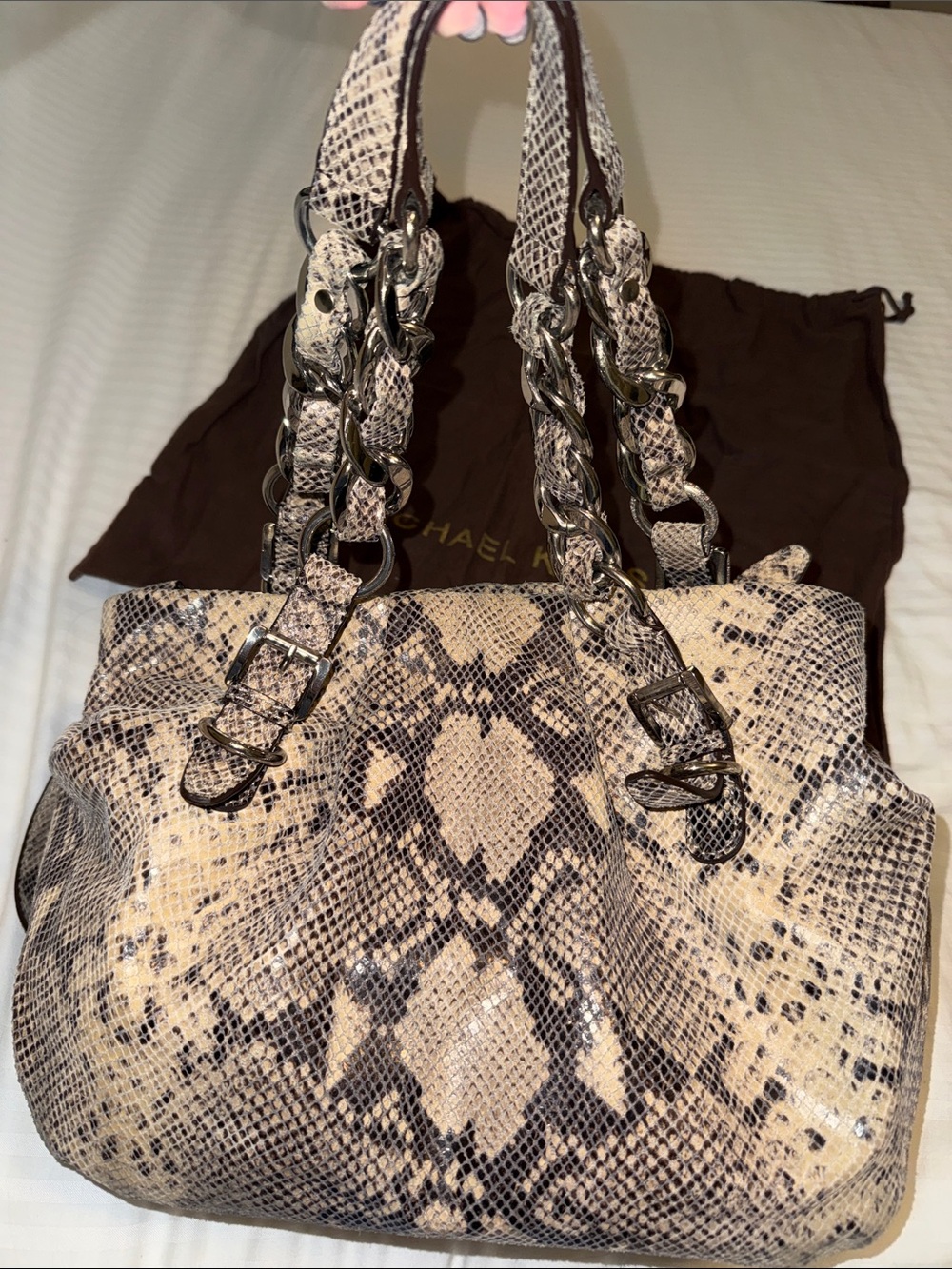 MK Large Snake Leather Chain-Handle Shoulder Bag in Beige and Black